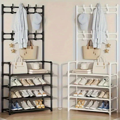 Portaabiti con Scarpiera Organizzatore, 3 in 1 Albero d'Ingresso in Metallo con 5 Ripiani e 8 Ganci Rimovibili, Portaabiti Autoportante per Ingresso con Spazio per Abiti, Scarpe, Cappelli, Borse e Ombrelli