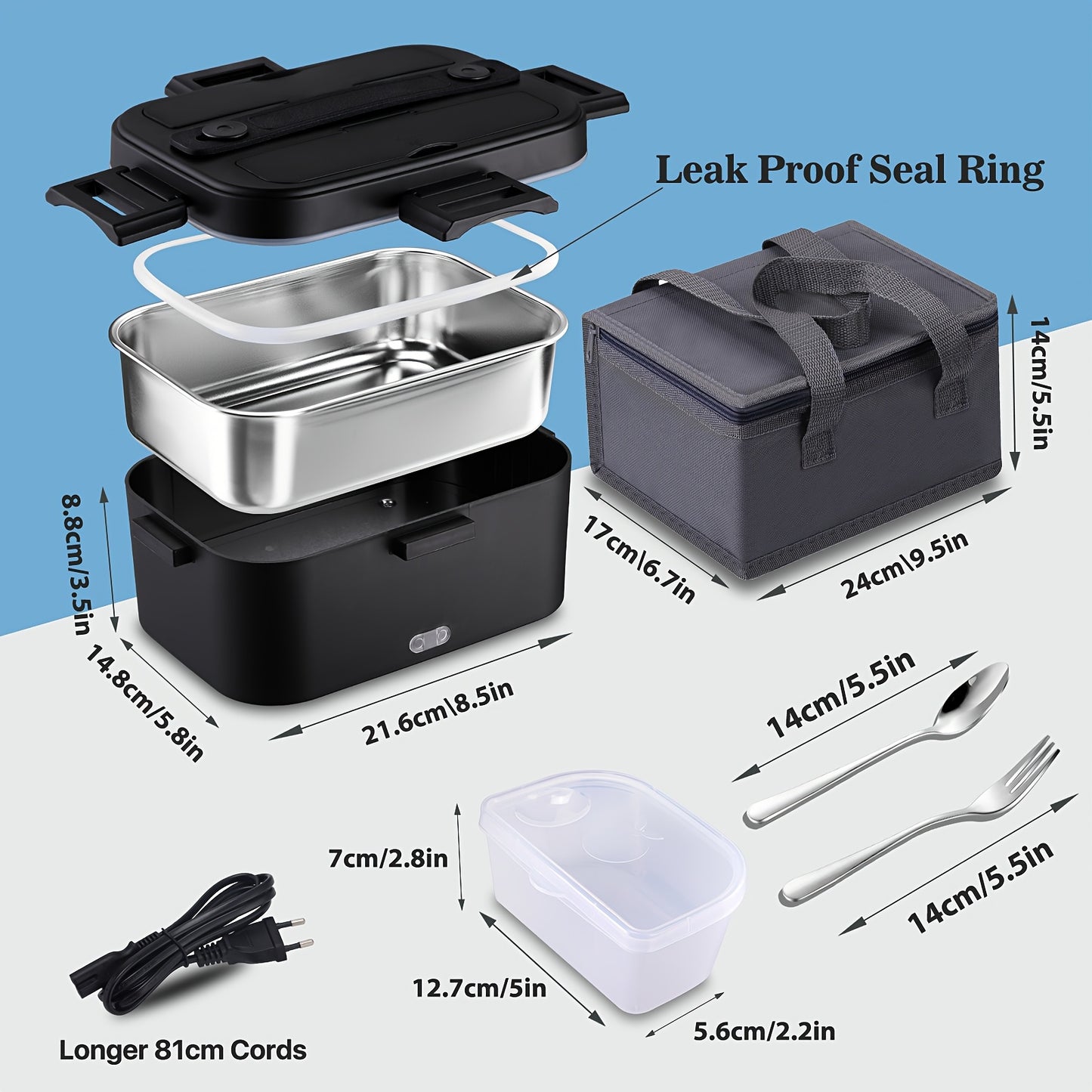 Porta Pranzo 1.8L in Acciaio Inox Staccabile Porta Pane Termico per Auto/Camion/Ufficio, con Borsa Termica
