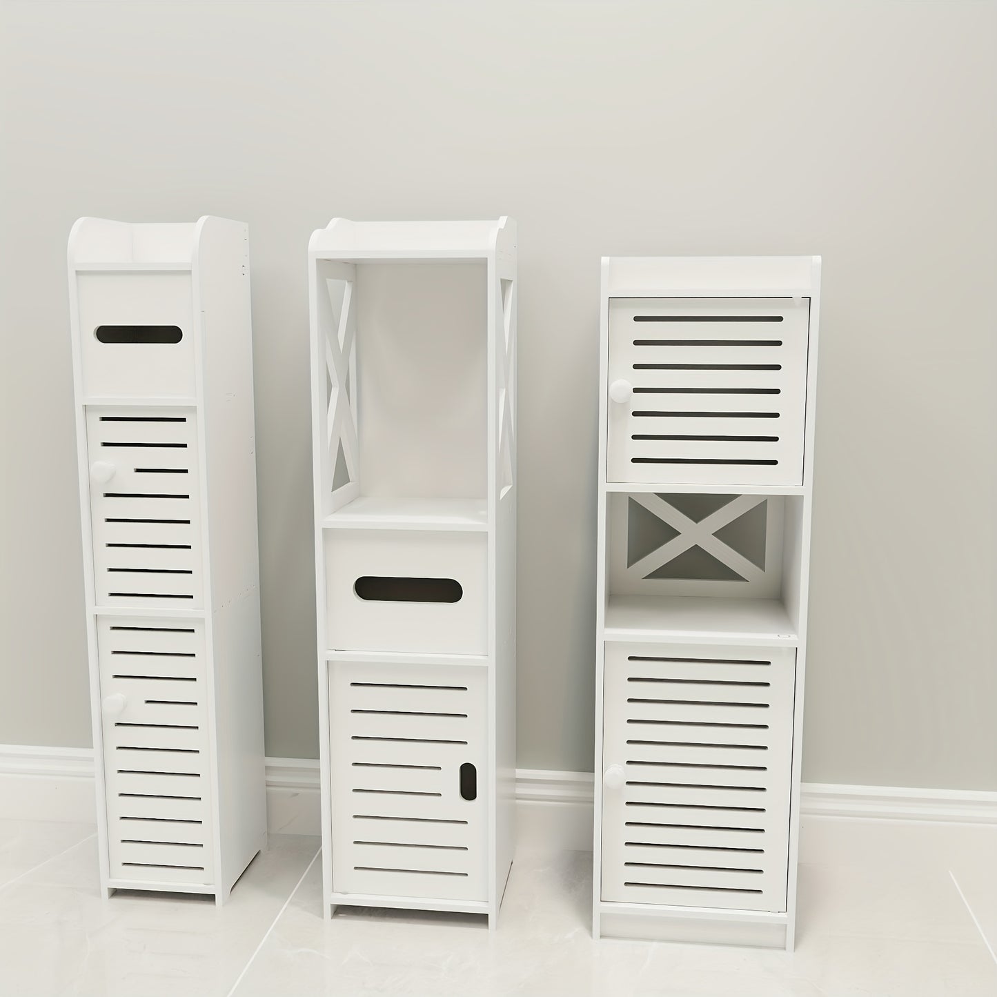 Armadietto da bagno piccolo, organizzatore sottile e lavorato in PVC, ideale per spazi ristretti, facile da montare e durevole, mobiletto multiuso porta carta igienica per bagno, camera da letto e soggiorno