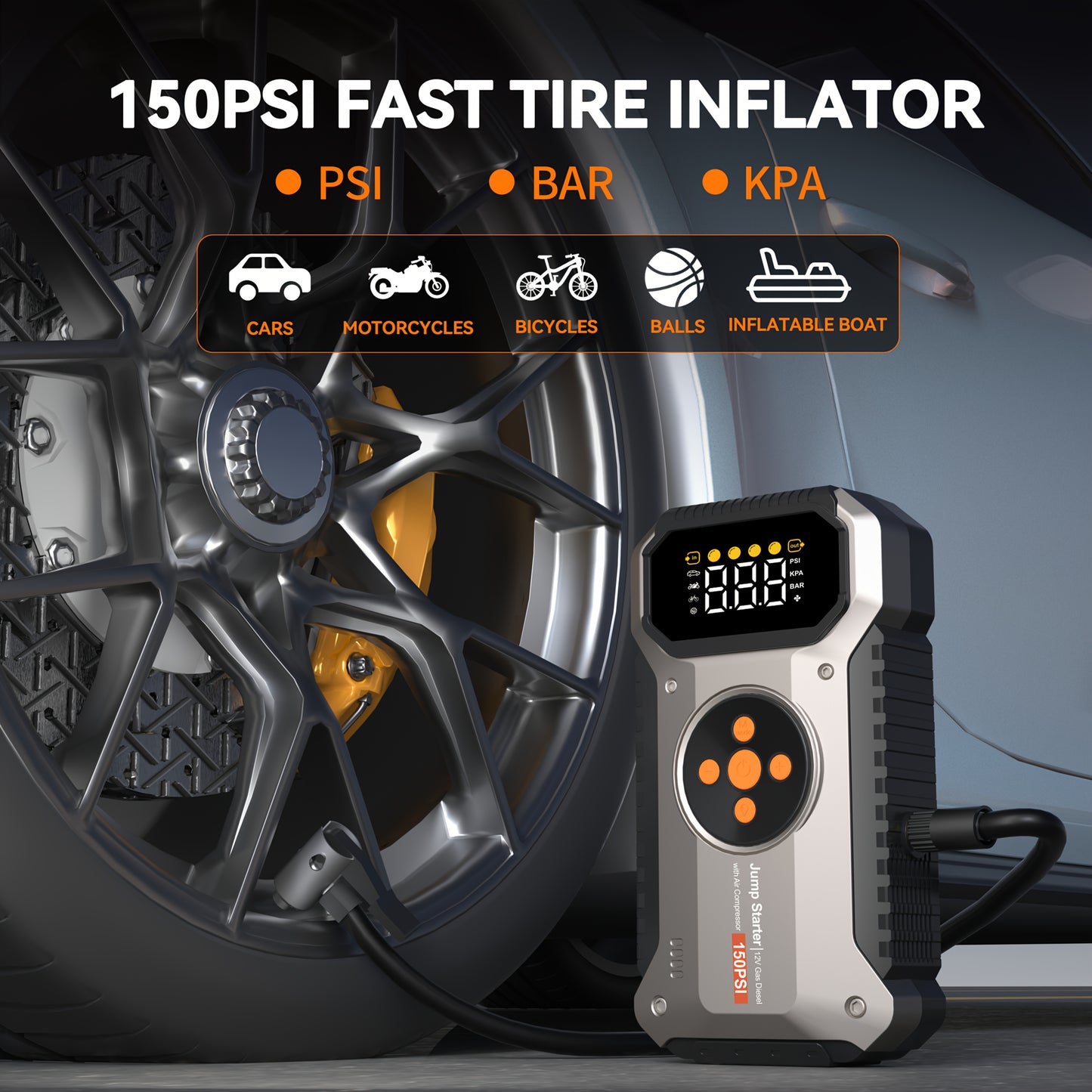 Power Bank Avviatore 12000mAh con Compressore d'Aria 150 PSI, Booster Batteria Auto 12V 6000 A con Pompa d'Aria per Benzina 7.5L o Diesel 6.0L, Scatola Avviamento Portatile 5-in-1 con Display LCD e Luci LED, Avviatore con Compressore d'Aria