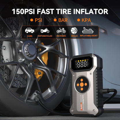 Power Bank Avviatore 12000mAh con Compressore d'Aria 150 PSI, Booster Batteria Auto 12V 6000 A con Pompa d'Aria per Benzina 7.5L o Diesel 6.0L, Scatola Avviamento Portatile 5-in-1 con Display LCD e Luci LED, Avviatore con Compressore d'Aria