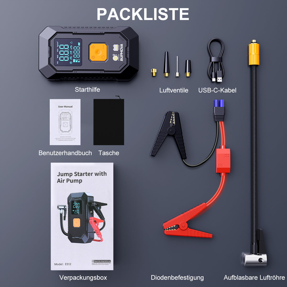 Avviatore di emergenza per auto 8500A con compressore d'aria, pompa di gonfiaggio per pneumatici senza fili, booster per batteria con power bank e torce LED, doppio display della pressione dell'aria