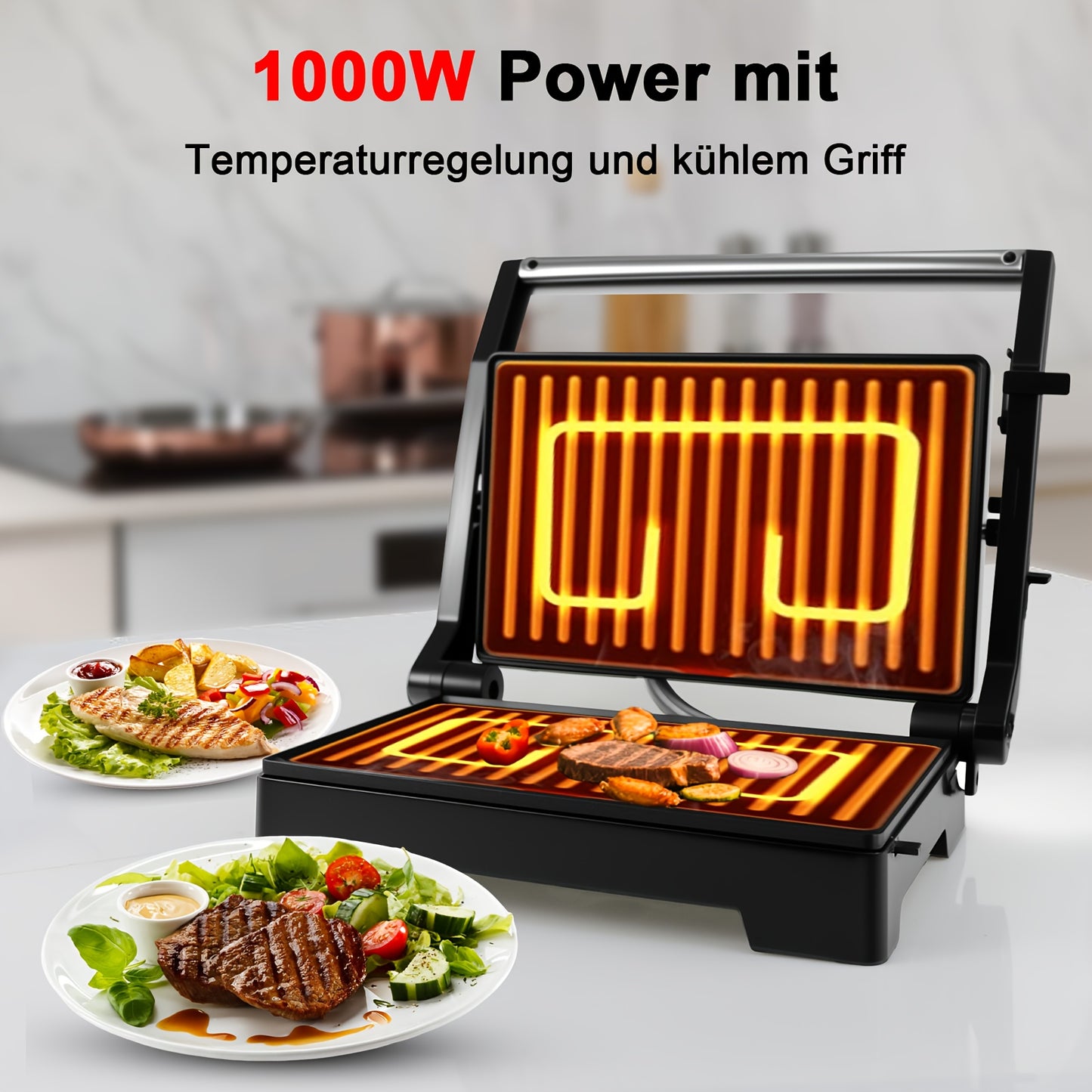 Griglia da tavolo, pressa per panini e sandwich, doppia piastra, griglia a contatto apribile a 180°, 1000 Watt, superficie antiaderente, manici resistenti al calore