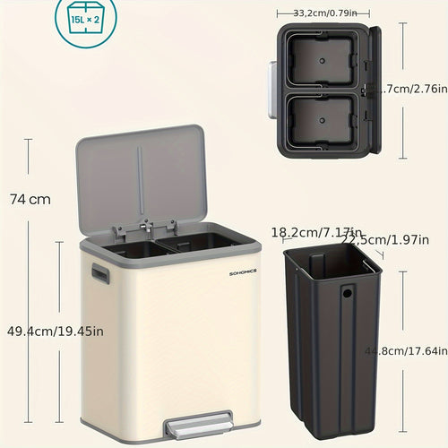 2 x 4 Gal. (2 x 15 L) Cestino da cucina, Cestino doppio per riciclaggio e rifiuti, Cestino per rifiuti, Secchi interni, Acciaio, Coperchio soft-close, Pedale largo e resistente