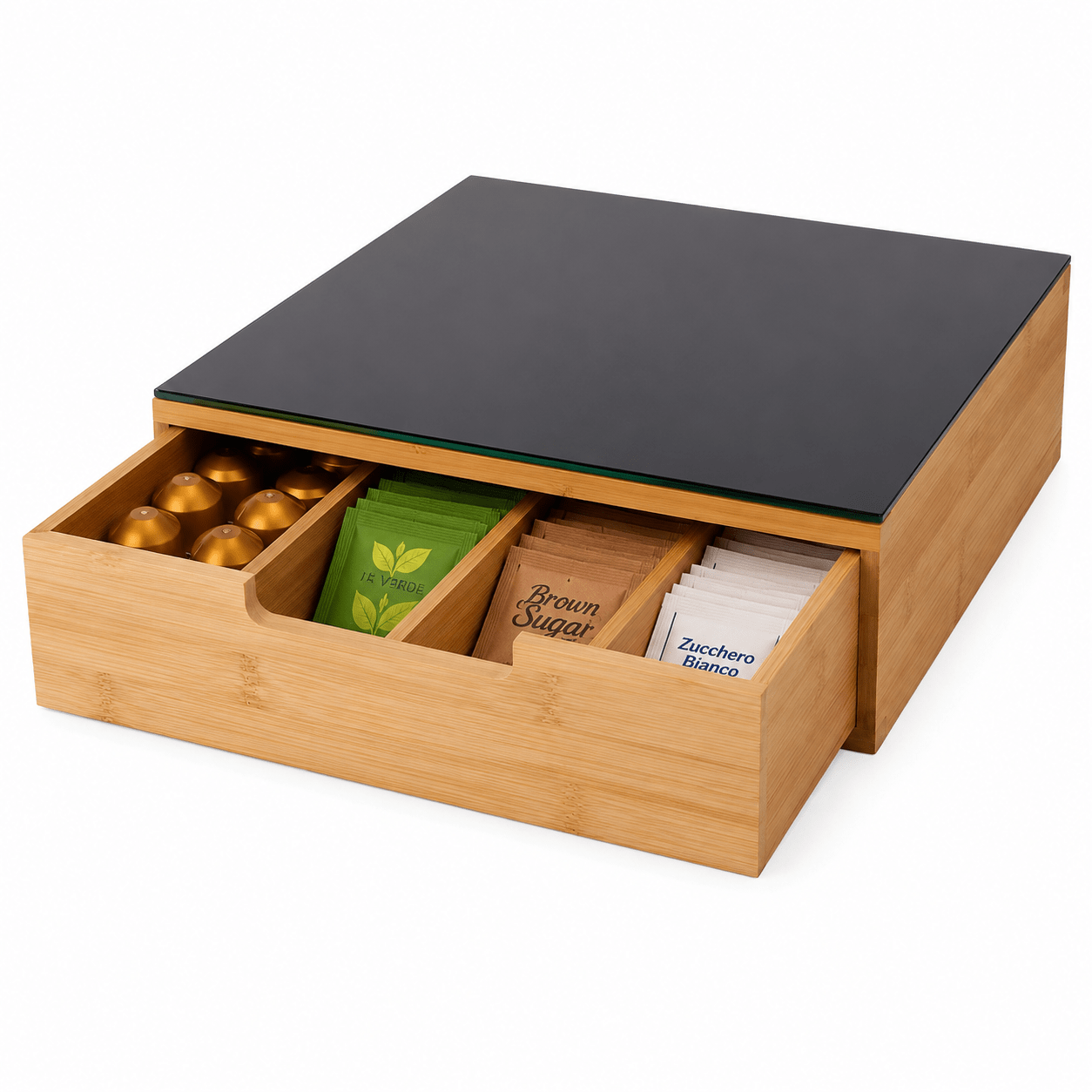 Porta cialde Organizer Bambù per Cialde con Vetro Temperato Organizer Capsule Caffè Cassetto Porta Oggetti Cassetto Minuteria Mobiletto Porta Tè Cassetto Cucito 4 Scomparti Separati