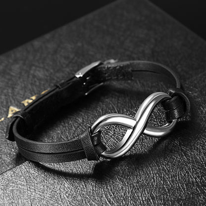 Bracciale JewelryWe in pelle sintetica con ciondolo infinito 'amore in acciaio inossidabile per uomo e donna, vestibilità regolabile 17.78-21.08 cm