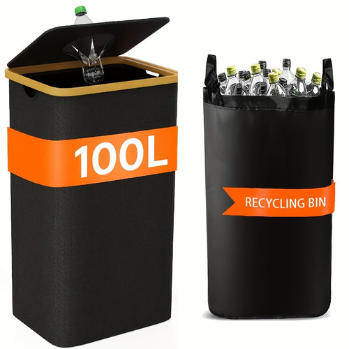 1 pz Secchio di raccolta domestico da 100 litri/26 galloni con sacchetti interni riutilizzabili staccabili, tessuto Oxford 600D per la riciclaggio di bottiglie, cartoni e vetro, contenitori di riciclaggio domestici, raccoglitore di bottiglie, cesto pieghe
