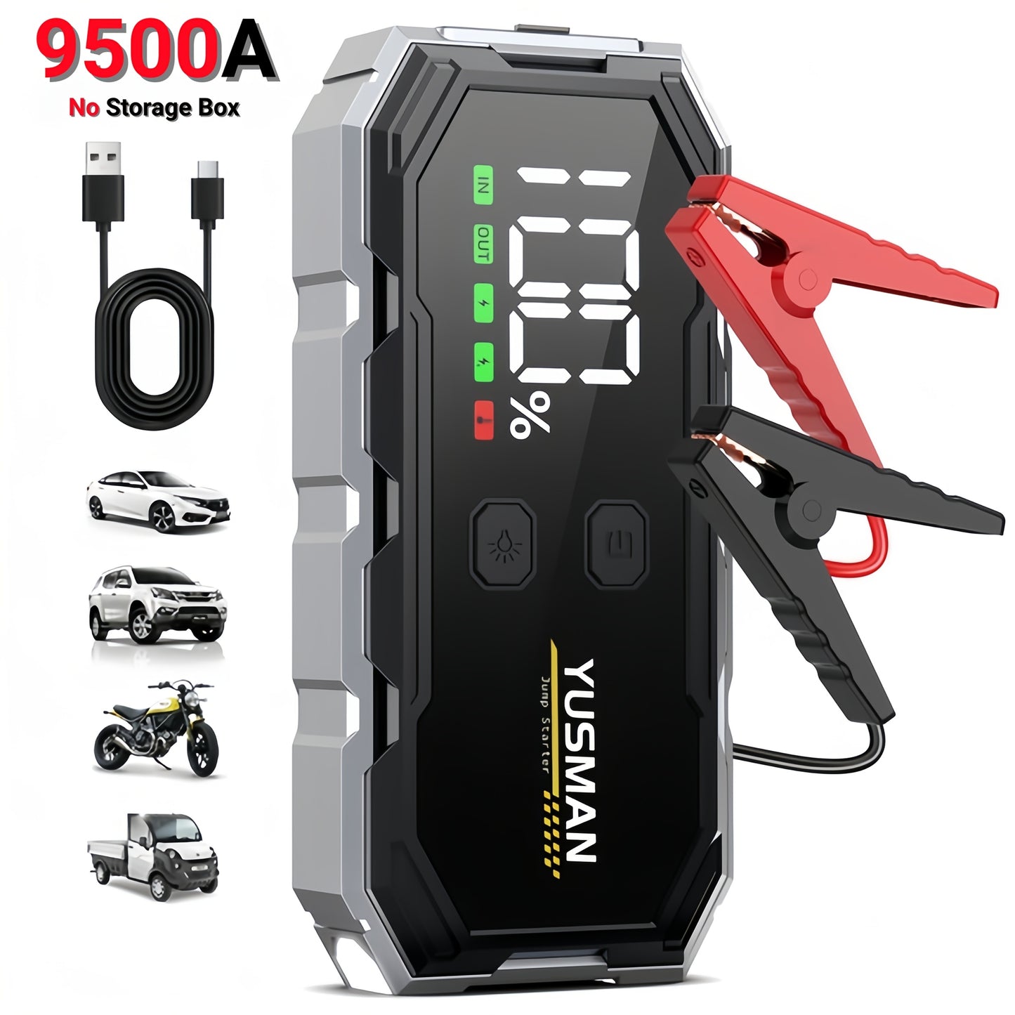 Avviatore di emergenza per auto 10000A/9500A, booster di batteria portatile 12V per tutti i veicoli a benzina/diesel fino a 10 litri, ricarica rapida QC3.0, schermo LCD, luce di emergenza a LED, borsa di stoccaggio in EVA opzionale