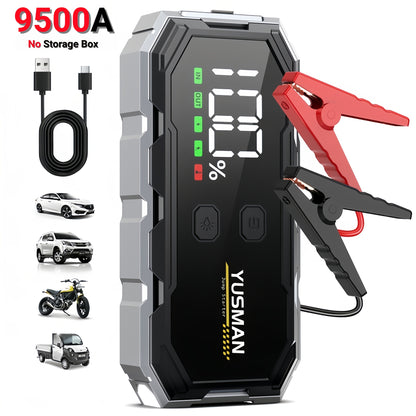 Avviatore di emergenza per auto 10000A/9500A, booster di batteria portatile 12V per tutti i veicoli a benzina/diesel fino a 10 litri, ricarica rapida QC3.0, schermo LCD, luce di emergenza a LED, borsa di stoccaggio in EVA opzionale