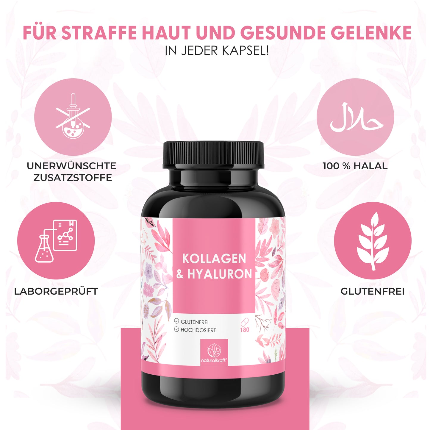 NATURALKRAFT® Collagene & Idroluroni Premium - con Biotina, Zinco, Selenio, Vitamina C & Silicio - Alta Biodisponibilità, Testato in Laboratorio, Qualità di Marca Tedesca - 180 Capsule