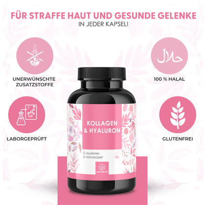 NATURALKRAFT® Collagene & Idroluroni Premium - con Biotina, Zinco, Selenio, Vitamina C & Silicio - Alta Biodisponibilità, Testato in Laboratorio, Qualità di Marca Tedesca - 180 Capsule