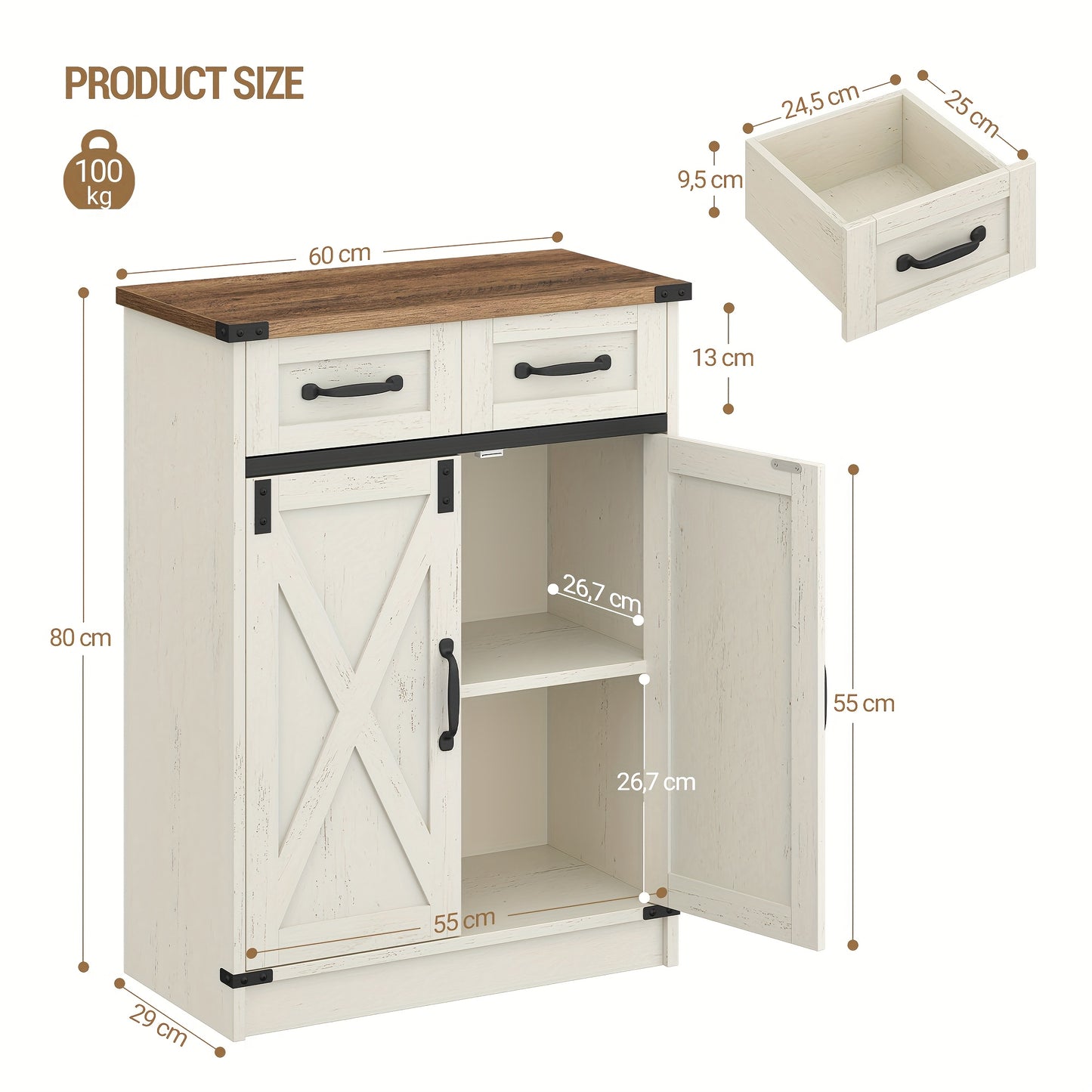 Armadietto Bagno, Armadio con 2 Cassetti e 2 Ante, Mobile da Cucina, Mensola Regolabile, Stile Country House, Soggiorno, 30 x 60 x 80 cm, Marrone Vintage-Bianco