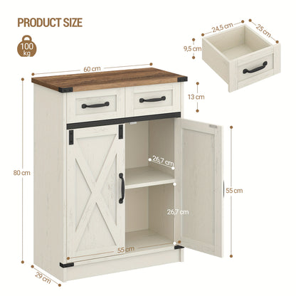 Armadietto Bagno, Armadio con 2 Cassetti e 2 Ante, Mobile da Cucina, Mensola Regolabile, Stile Country House, Soggiorno, 30 x 60 x 80 cm, Marrone Vintage-Bianco