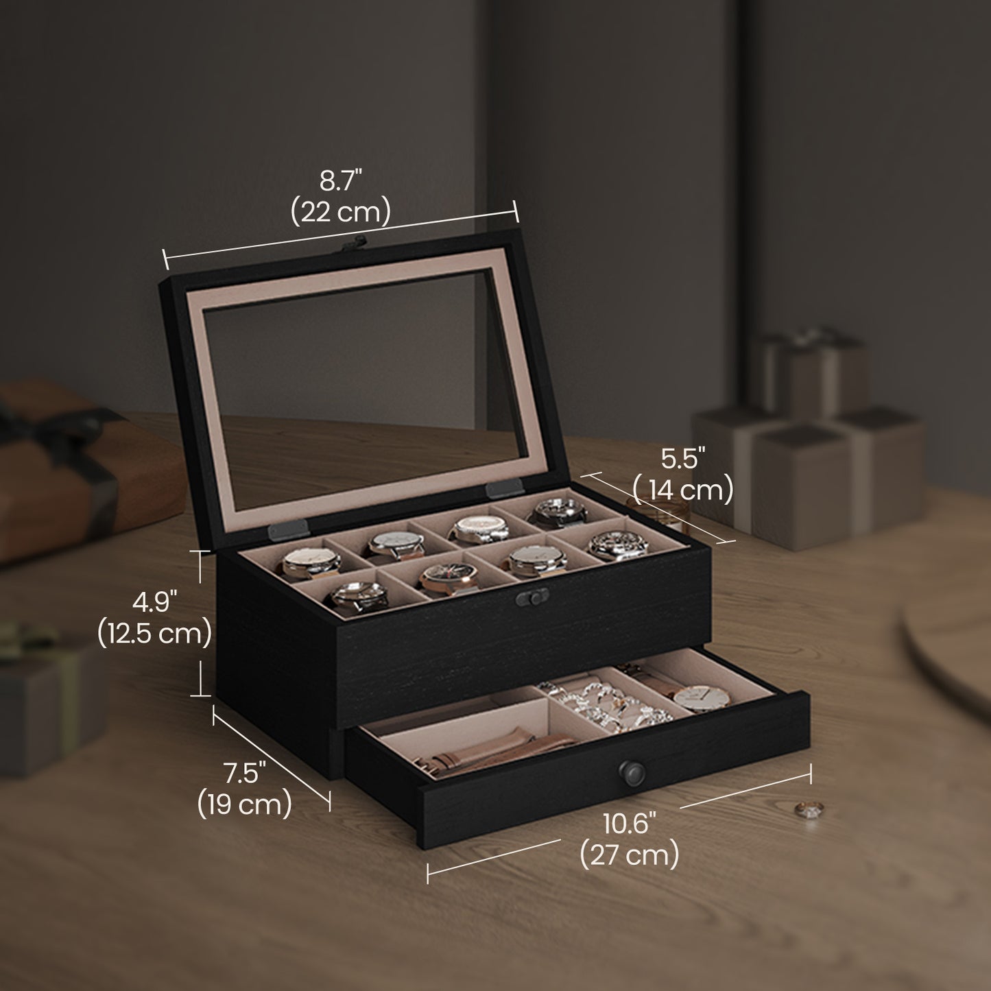 Scatola Porta Orologi in Legno, Custodia per Orologi Meccanici e Gioielli a 8 Scomparti con Coperchio in Vetro, Fodera in Velluto, Inserti Imbottiti, Organizzatore per la Casa, Scelta Regalo Ideale, Scatola Regalo di Natale