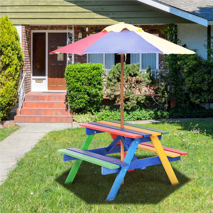 Set di Sedute per Bambini con Parasole, Mobili da Esterno in Legno Massello, Tavolo da Picnic per Bambini, Gruppo di Sedute da Giardino, Arredamento da Esterno per Giardino