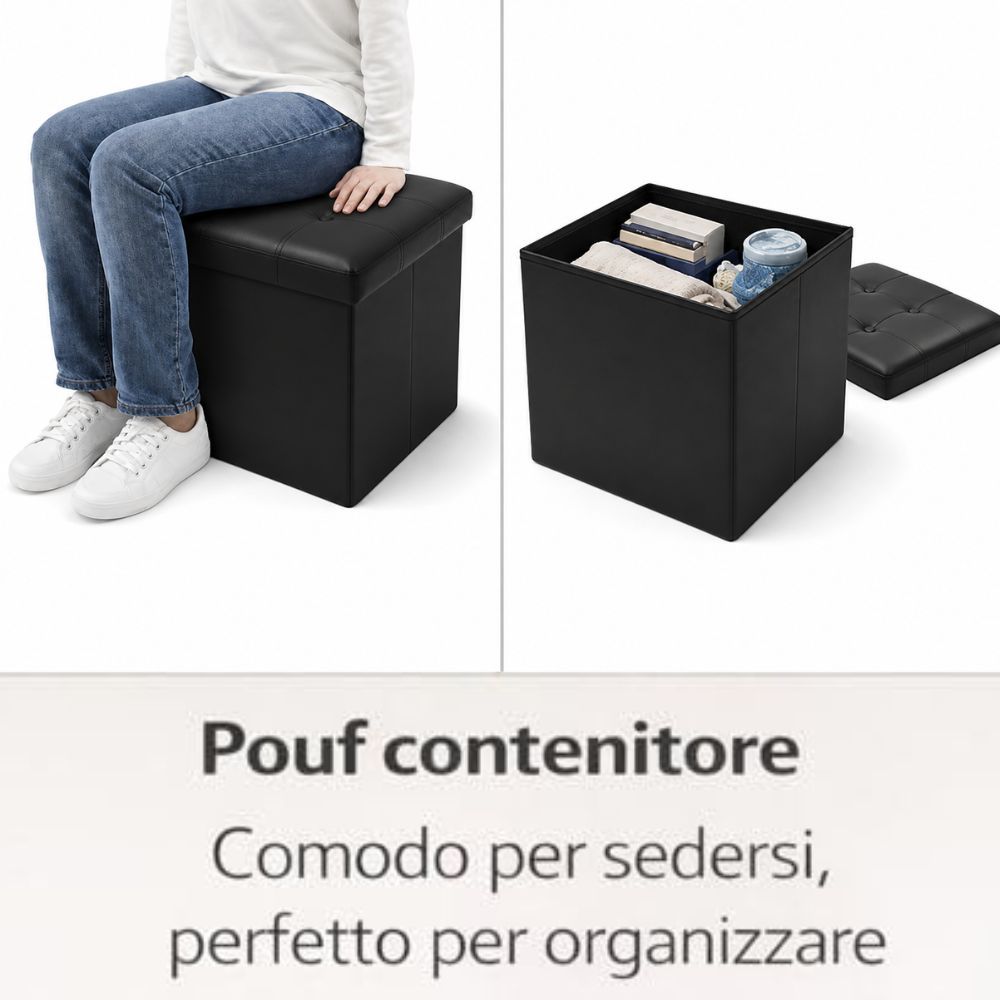 Cecaro Group Pouf Cubo Contenitore in Ecopelle Cecaro Group – 38x38 cm – Seduta Imbottita con Baule Salvaspazio – Trapuntato con Bottoni – Vari Colori