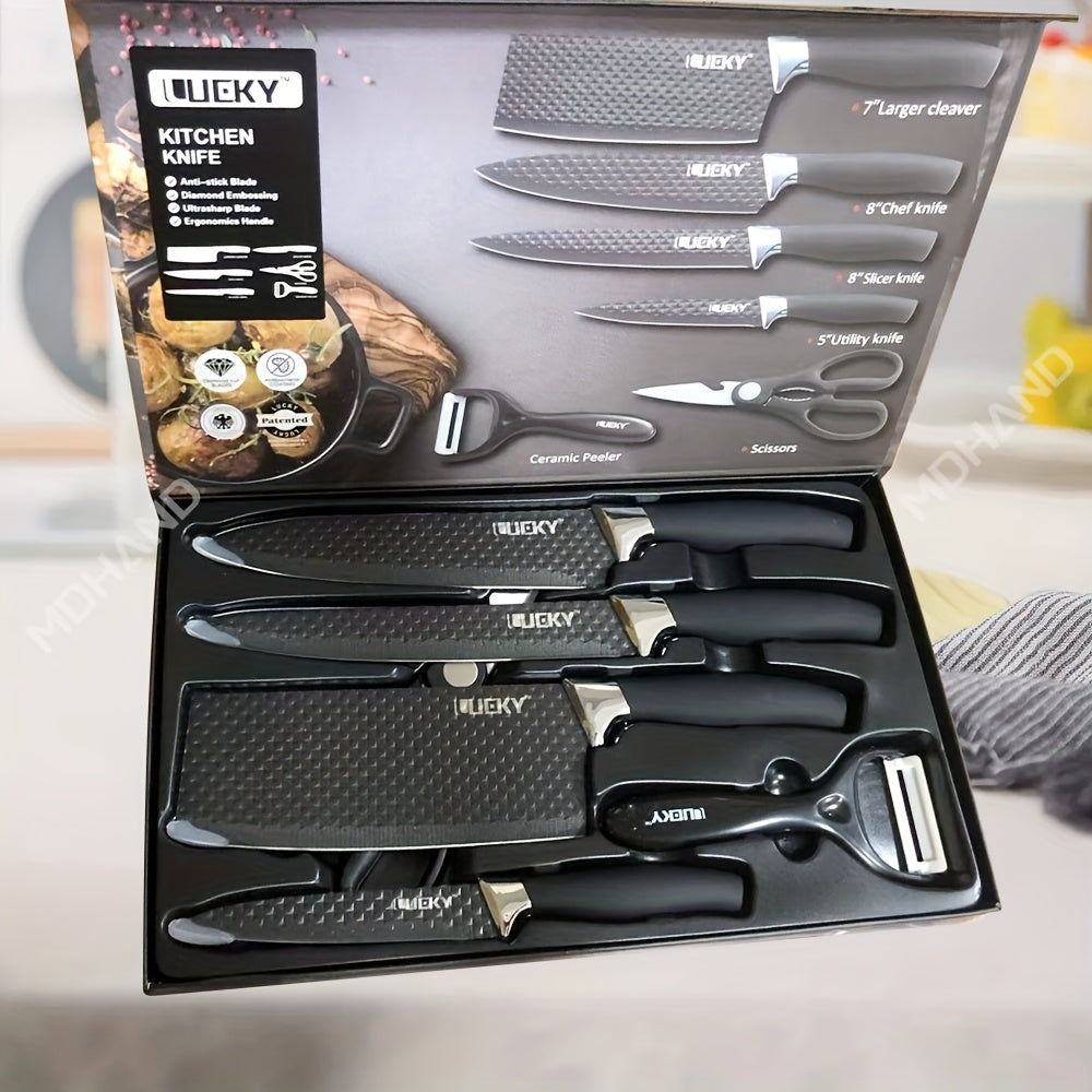 Coltello da Cucina LeQi - Motivo a Rombi - Manico Marrone e Nero - Set da 6 Pezzi in Scatola, Set di 6 Coltelli in Acciaio Inossidabile, Utensili da Cucina in Acciaio Inossidabile. Coltello da Cucina Forgiatura, Forbici, Pelapatate, Coltello per Sbucciare