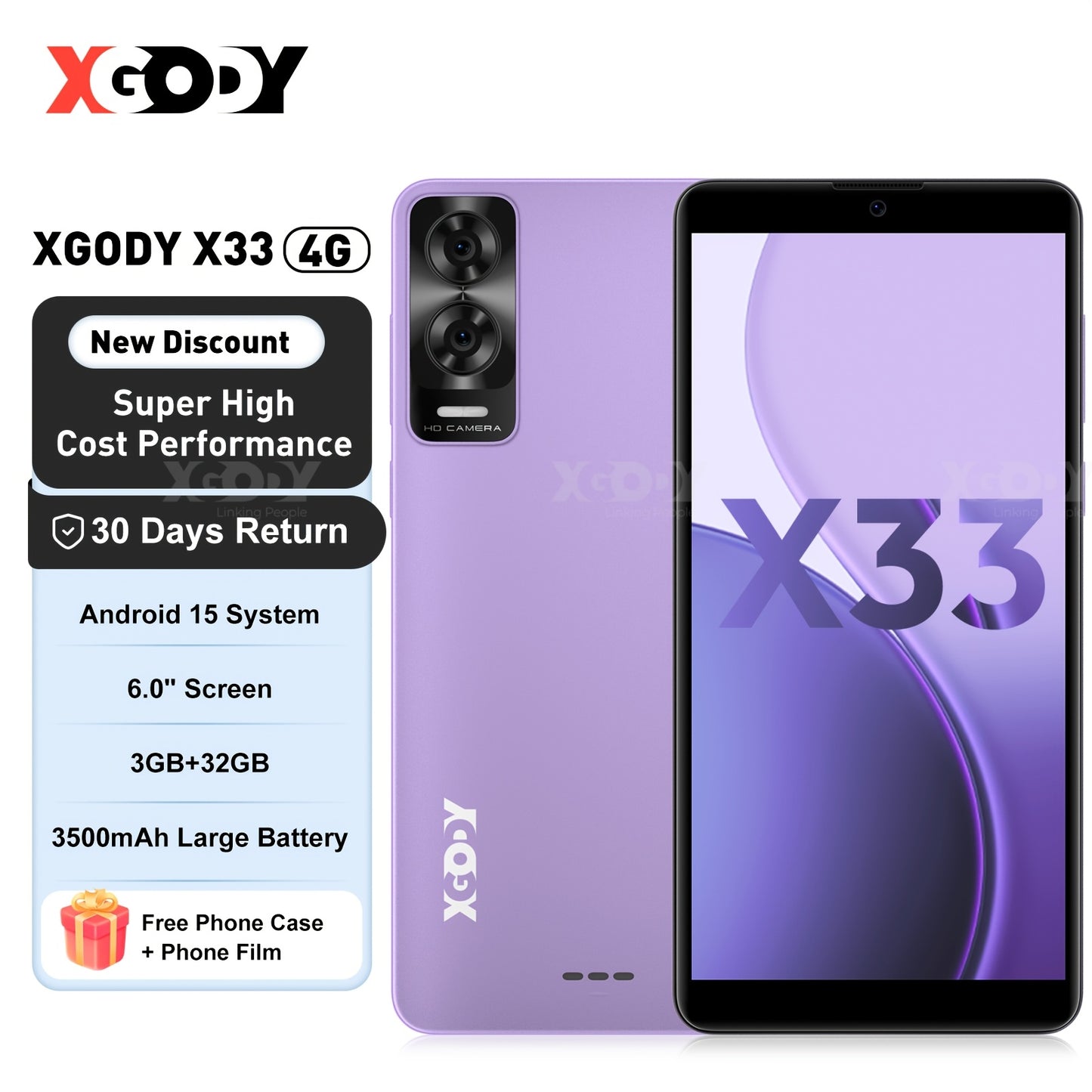 XGODY Smartphone Android 15 con Schermo Touchscreen da 6.0", 7GB RAM + 32GB ROM, 4G LTE Dual SIM, Processore Octa-Core, Telefono Cellulare con Fotocamera da 5MP + 8MP, Sblocco Facciale, Batteria da 3500Mah, con Custodia e Pellicola Gratuiti, Ottimi Regali