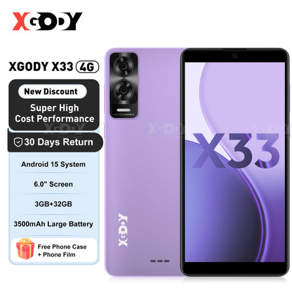 XGODY Smartphone Android 15 con Schermo Touchscreen da 6.0", 7GB RAM + 32GB ROM, 4G LTE Dual SIM, Processore Octa-Core, Telefono Cellulare con Fotocamera da 5MP + 8MP, Sblocco Facciale, Batteria da 3500Mah, con Custodia e Pellicola Gratuiti, Ottimi Regali