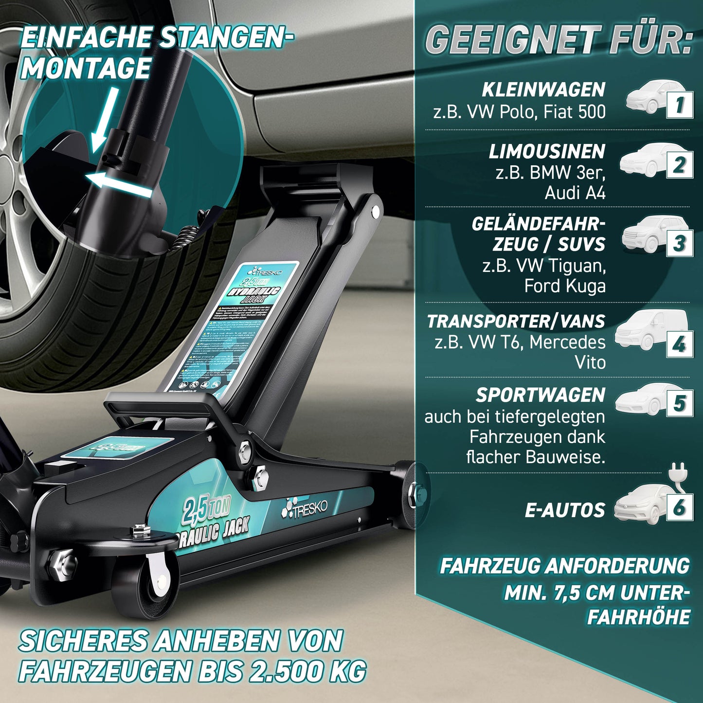 Cric idraulico per auto TRESKO® 2.5 - 3T | Cric idraulico per spostamento auto e SUV con ruote piane e a 360°, include 2 guarnizioni in gomma, tappetino protettivo, guanti