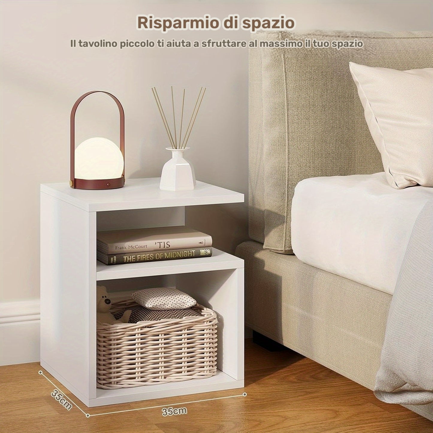 1pz. 2pz Comodino Bianco/Nero/Rovere Chiaro, Tavolino con 2 Scomparti Aperti, 35x41.5x35cm, Comodino con Rete a Doghe, Comodino Salvaspazio per Soggiorno e Camera da Letto