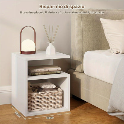 1pz. 2pz Comodino Bianco/Nero/Rovere Chiaro, Tavolino con 2 Scomparti Aperti, 35x41.5x35cm, Comodino con Rete a Doghe, Comodino Salvaspazio per Soggiorno e Camera da Letto