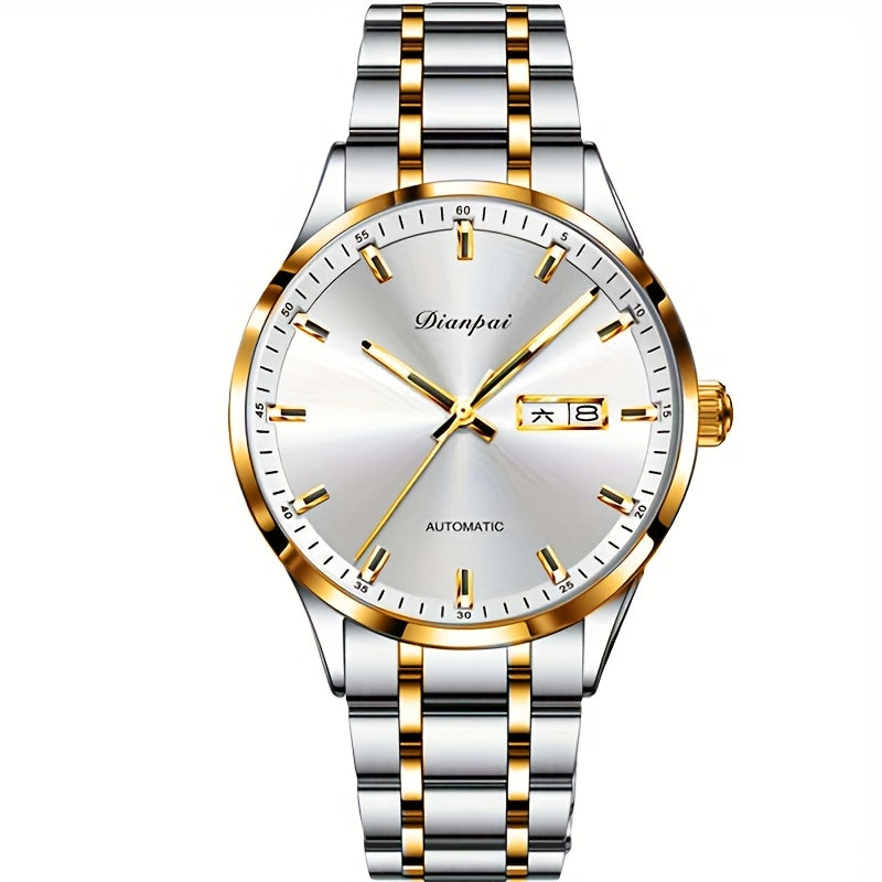 Un orologio da uomo tradizionale e sofisticato con calendario luminoso, realizzato con cinturino in acciaio inossidabile, ideale come regalo per uomo, l'orologio meccanico automatico Dianpai per affari, senza batteria.