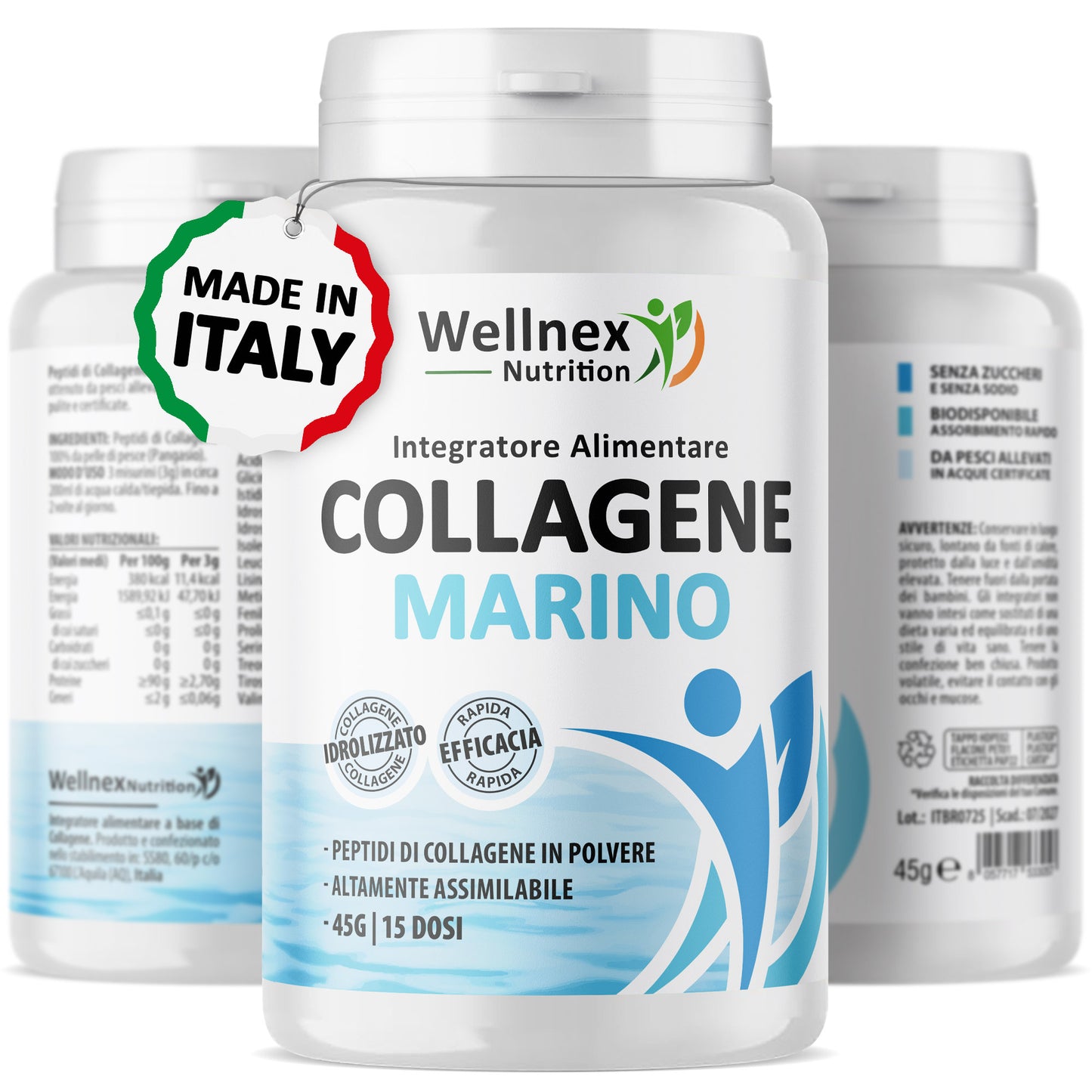 Collagene Marino Idrolizzato 45g | Integratore Alimentare - 15 Dosi | Peptidi di Collagene da pelle di Pangasio, fonte di Aminoacidi e Proteine | Wellnex Nutrition