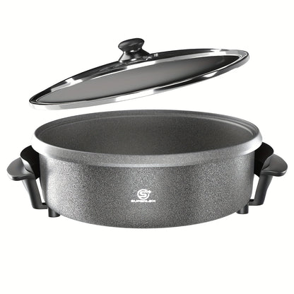 SUPERLEX 40X7Cm Padella Elettrica Multiuso | 1500W Antiaderente con Piastra in Alluminio | Base in Acciaio | Coperchio in Vetro Temperato | Termostato Regolabile | Ampia Capacità di 7L per Pizza, Feste & Cucina Familiare