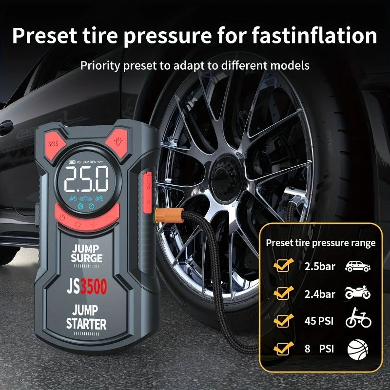 Avviatore di emergenza portatile per auto da 5000A di picco con compressore d'aria da 150PSI, caricabatteria per auto a 12V per fino a 10.0L benzina/9.0L diesel, ricarica rapida QC3.0, gonfiatore digitale per pneumatici e luce di emergenza a LED
