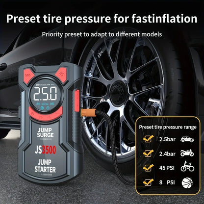 Avviatore di emergenza portatile per auto da 5000A di picco con compressore d'aria da 150PSI, caricabatteria per auto a 12V per fino a 10.0L benzina/9.0L diesel, ricarica rapida QC3.0, gonfiatore digitale per pneumatici e luce di emergenza a LED