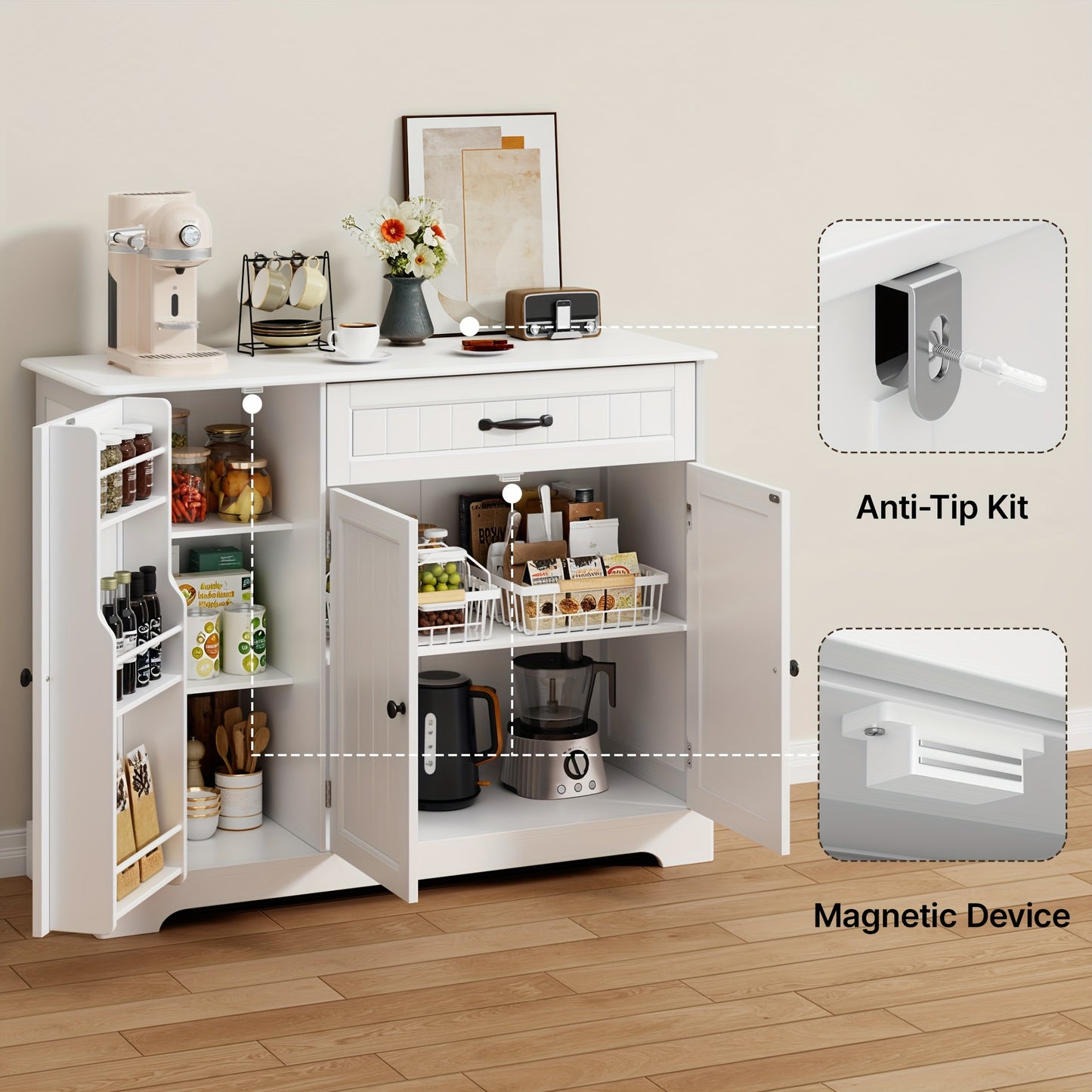 Mobiletto, Armadio da Cucina con Tre Ante e Un Cassetto, Offre Ampio Spazio di Stoccaggio, Adatto per Cucine, Sale da Pranzo, Soggiorni e Corridoi, 105X40X84.5Cm