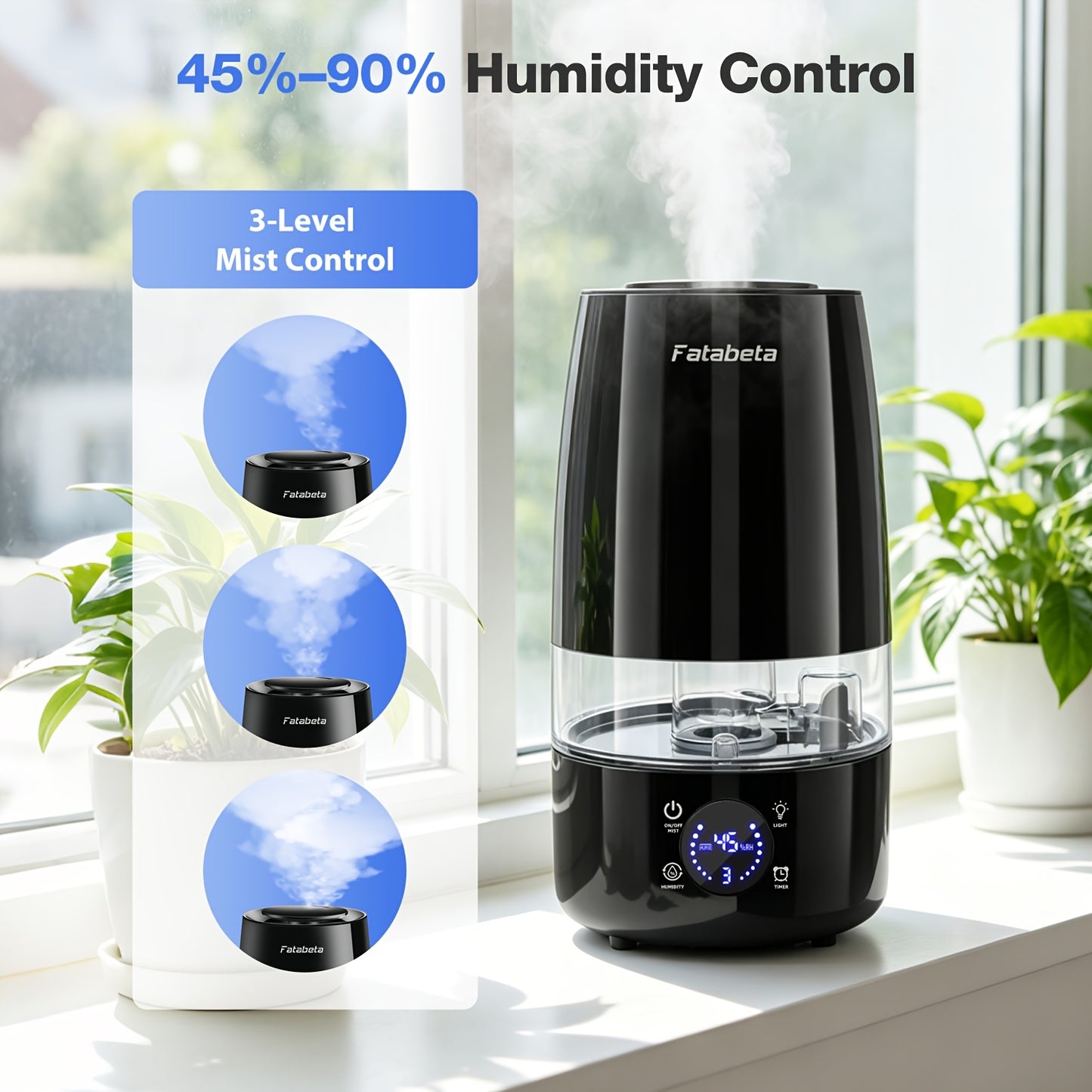 Display per umidificatore e diffusore di aromi super grande da 4,5L, funzionamento silenzioso, spegnimento automatico e timer, adatto per camera da letto, soggiorno, ufficio, serbatoio rimovibile, filtro in ceramica, custodia in ABS, per umidificatori int
