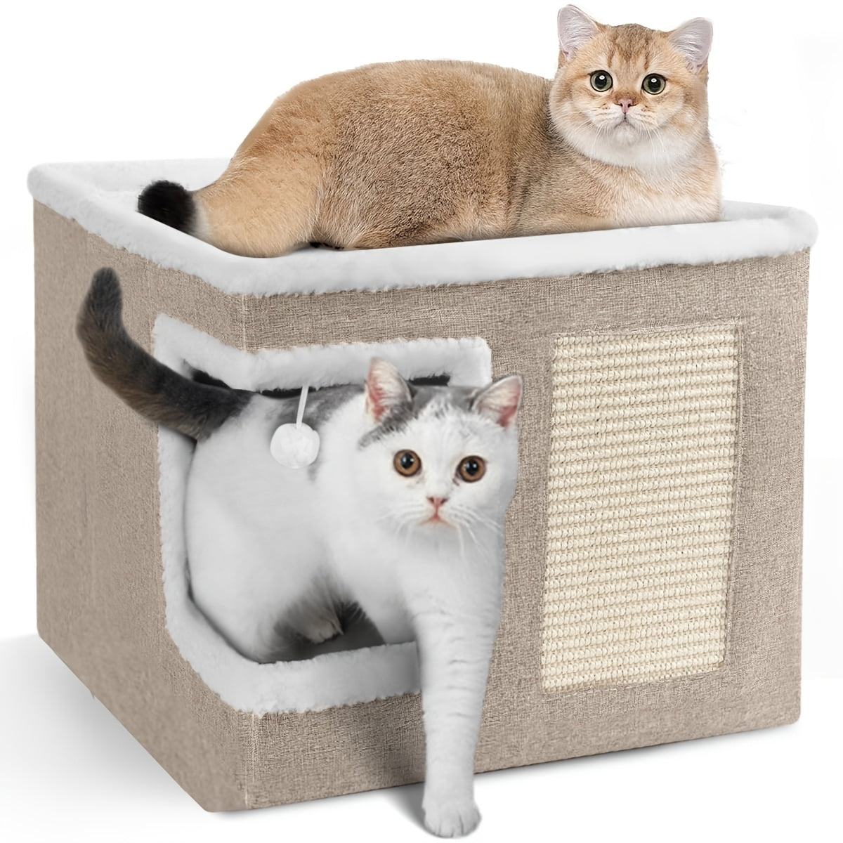 Cuccia per gatti con letti a 2 livelli, tunnel giocattolo, divano pieghevole, tiragraffi e palla sospesa in peluche - Struttura resistente in nylon, tela morbida, design chiuso per tutte le stagioni, facile da montare, cuccia a cubo per interni, unità di