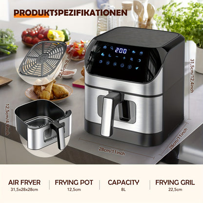 Friggitrice ad aria XXL 8L con finestra di visualizzazione, friggitrice senza olio, temperatura regolabile 80°C-200°C, 10 impostazioni predefinite con un tocco, controllo digitale, cestello antiaderente, friggitrice ad aria stile Ninja