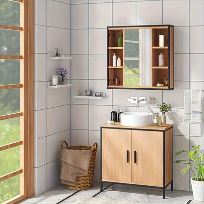 Mobile bagno 1pz.s con specchio, mobile bagno con specchio, mobile con specchio da bagno, mobile sospeso bagno, con ripiani regolabili, realizzato in metallo materiale legno, 60 x 58 x 16 cm