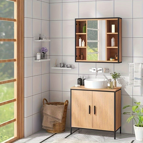 Mobile bagno 1pz.s con specchio, mobile bagno con specchio, mobile con specchio da bagno, mobile sospeso bagno, con ripiani regolabili, realizzato in metallo materiale legno, 60 x 58 x 16 cm