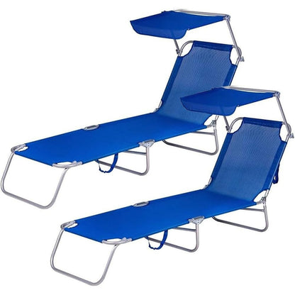 2 Lettini Prendisole Pieghevoli con Tetto Parasole, Misura 180x55x90 cm, Tessuto Textilene, Struttura Metallo Tubolare da 18mm, per Spiaggia, Piscina, Giardino, Peso Max 120kg