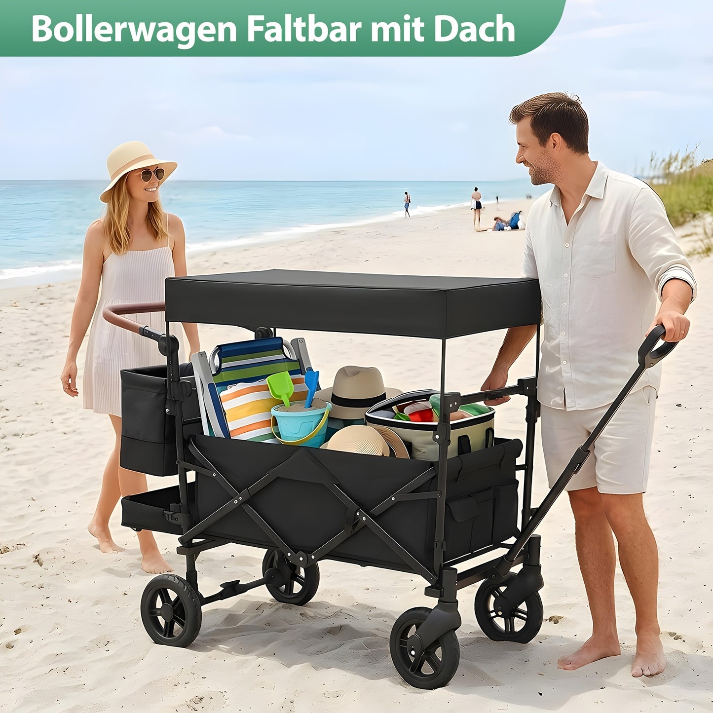 Carrello a mano pieghevole con tetto per carichi pesanti 100 kg 150 L - Ruote con freno, maniglia regolabile, tessuto in nylon Oxford per campeggio in famiglia, shopping e giardinaggio (Grigio/Nero/Grigio-Nero/Verde scuro)