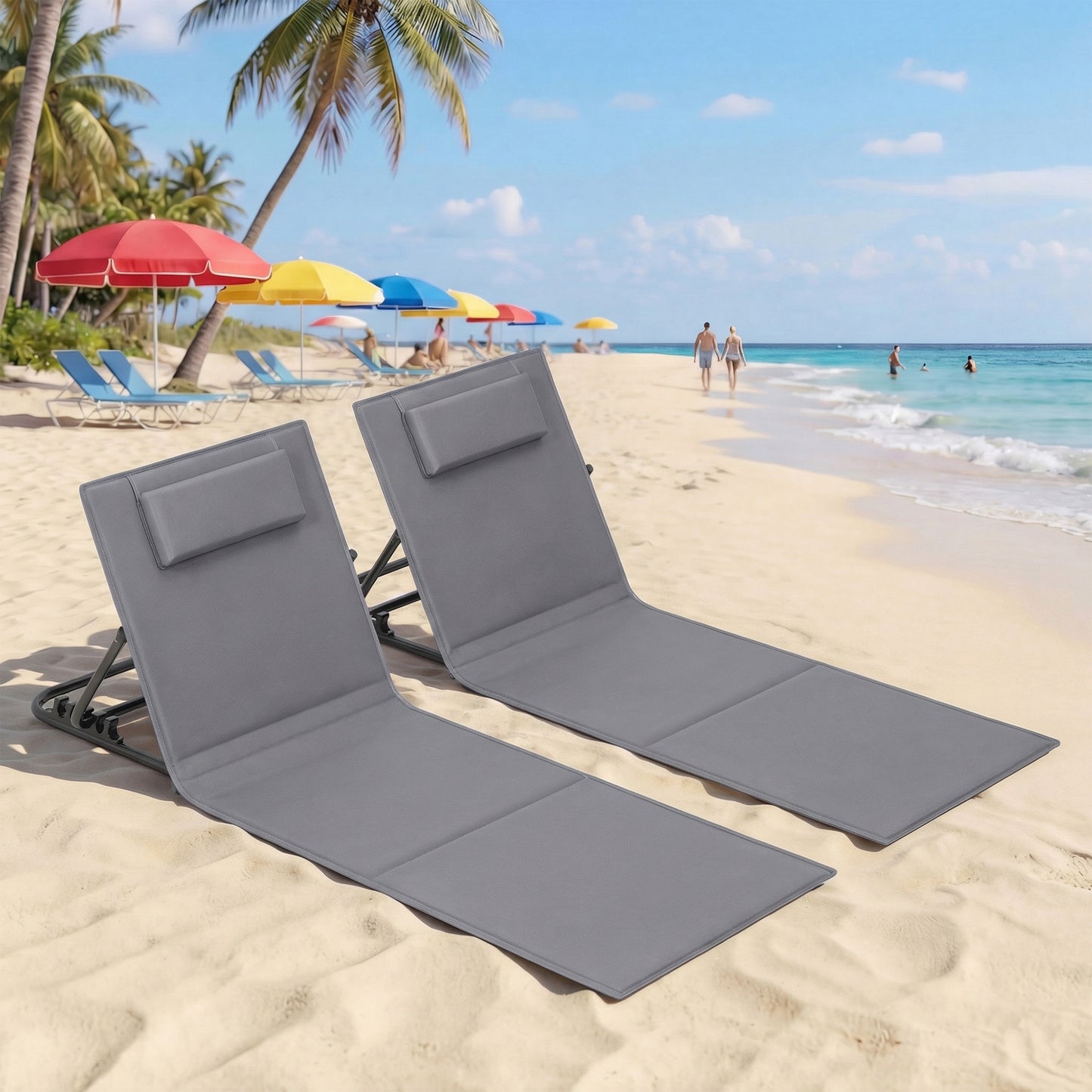 Lettino da Spiaggia, Sedia a Sdraio, Lettino Prendisole, Cuscino, Schienale Inclinabile, Portatile con Manico, per Campeggio Giardino Piscina, 158 x 55 cm, Grigio Ardesia/Azzurro Cielo/Blu Turchino/Grigio
