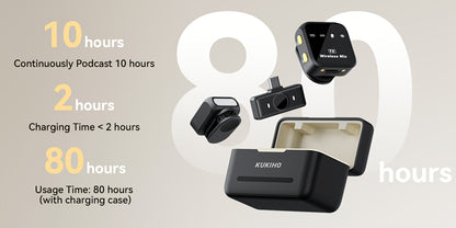 Microfono Lavalier Wireless per iPhone iPad Android con Custodia di Ricarica, Autonomia Batteria 80H, Cancellazione del Rumore, Portata 49.99 metri, Microfono a Clip da Bottoniera Plug-Play per Registrazione Video, Vlog, Live Streaming