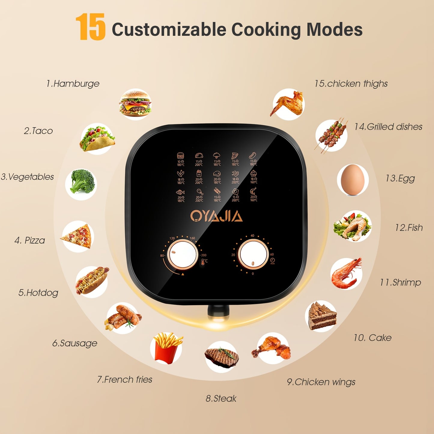 Friggitrice ad aria da 5L per 2-3 persone, Friggitrice ad aria piccola con 15 opzioni di menu, Doppio manopola per temperatura manuale, Timer, Circolazione rapida dell'aria 3D, Antiaderente, Cestello lavabile in lavastoviglie, Cottura sana senza olio