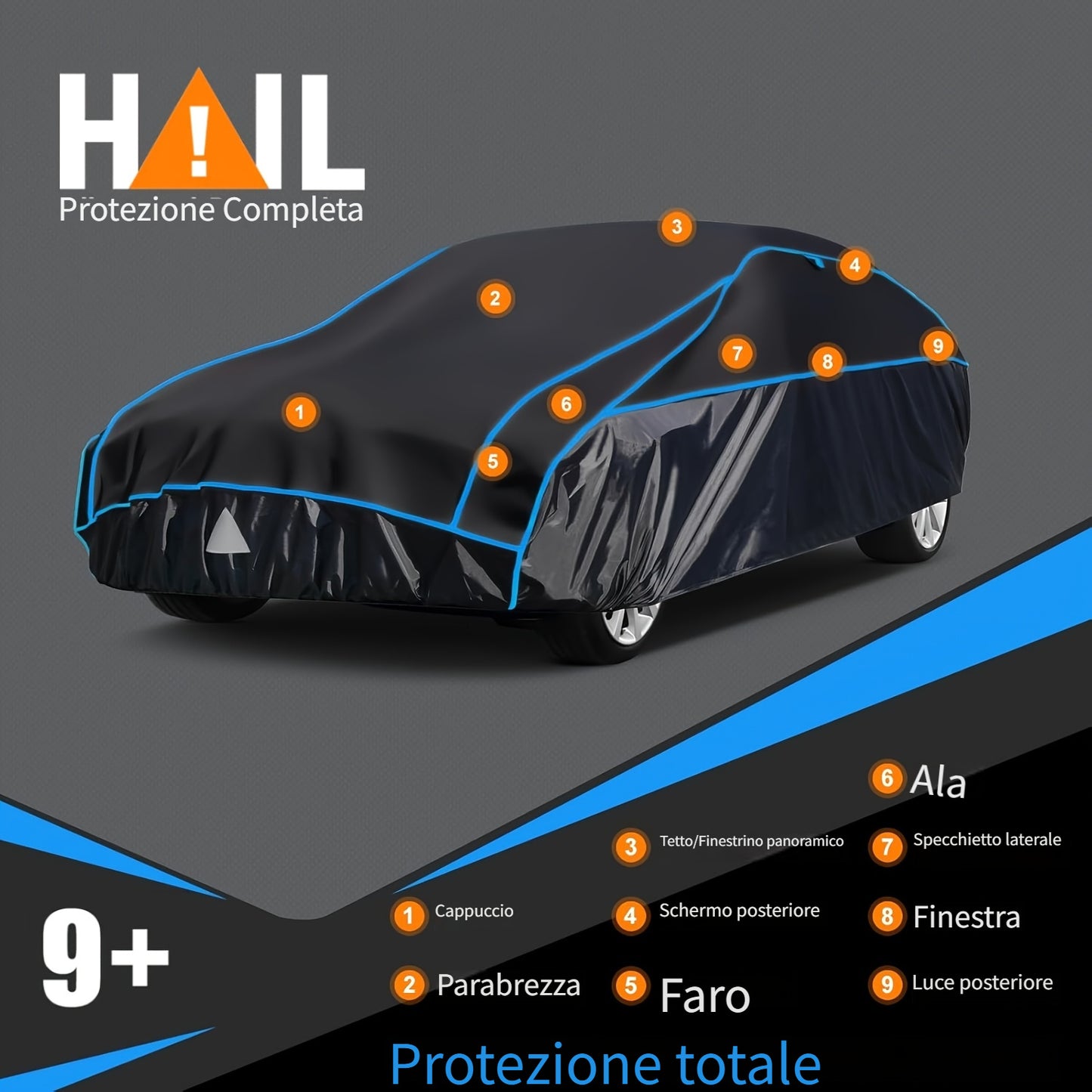 Telo Copriauto Antigrandine, Copertura Traspirante Antigrandine per Garage Auto, Copertura Completa Antigrandine e Antisolare per Garage, Universale per Tutti i Modelli (Nuovo Stile Nero e Blu)