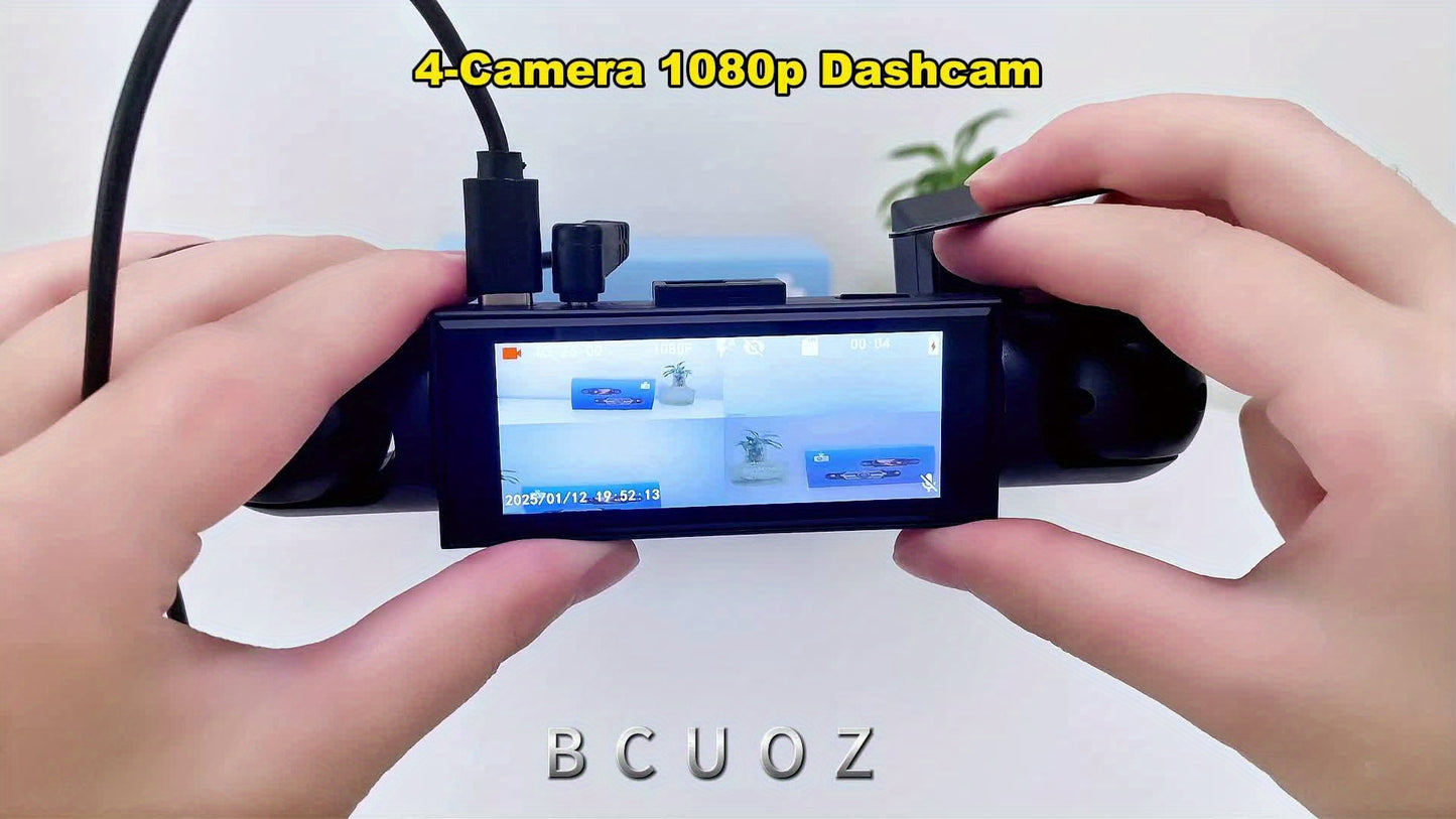 BCUOZ Dash Cam a 4 Obiettivi 360° 1080P Anteriore 720P Interno Laterale Posteriore, Schermo a 4 Split da 8.03 cm, Super Visione Notturna, Monitoraggio Parcheggio 24H, G-Sensor, Registrazione in Loop, Opzionale Senza Scheda/Scheda di Memoria da 64Gb