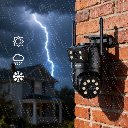 Telecamera di sicurezza multifunzionale wireless da esterno Wifi per il monitoraggio di sicurezza 2K ad alta definizione a doppia lente con rotazione automatica pan-tilt, visione notturna e rilevamento del movimento, chiamata bidirezionale, telecamera di