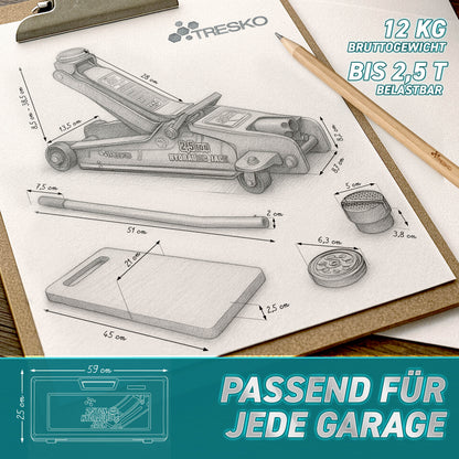 Cric idraulico per auto TRESKO® 2.5 - 3T | Cric idraulico per spostamento auto e SUV con ruote piane e a 360°, include 2 guarnizioni in gomma, tappetino protettivo, guanti