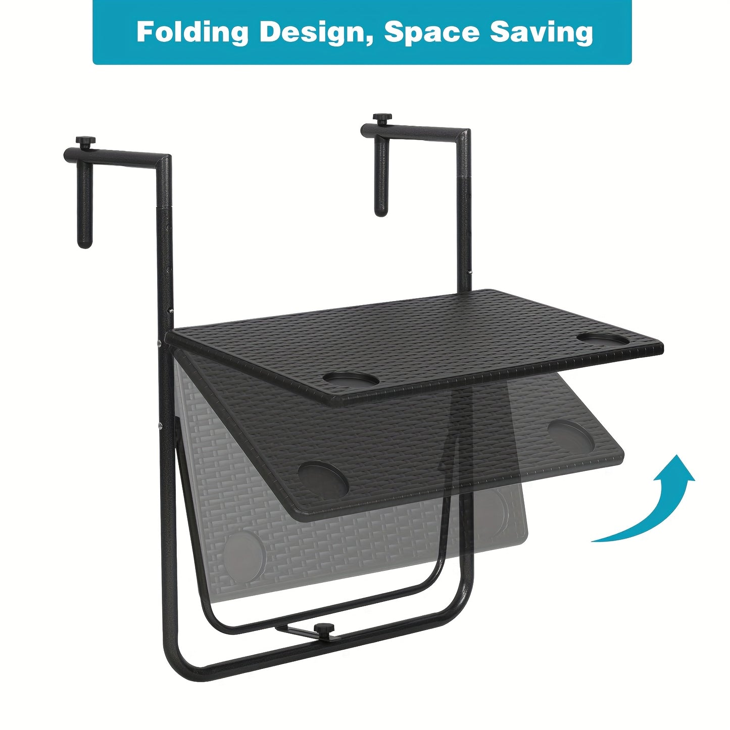 1 pz Tavolo da patio per mobili da esterno, tavolo pieghevole, tavolo da campeggio, tavolo sospeso per balcone con scanalature per posizionare bicchieri d'acqua, tavolo sospeso stabile per ringhiera del balcone, tavolo pieghevole, 3 livelli di altezza, pi