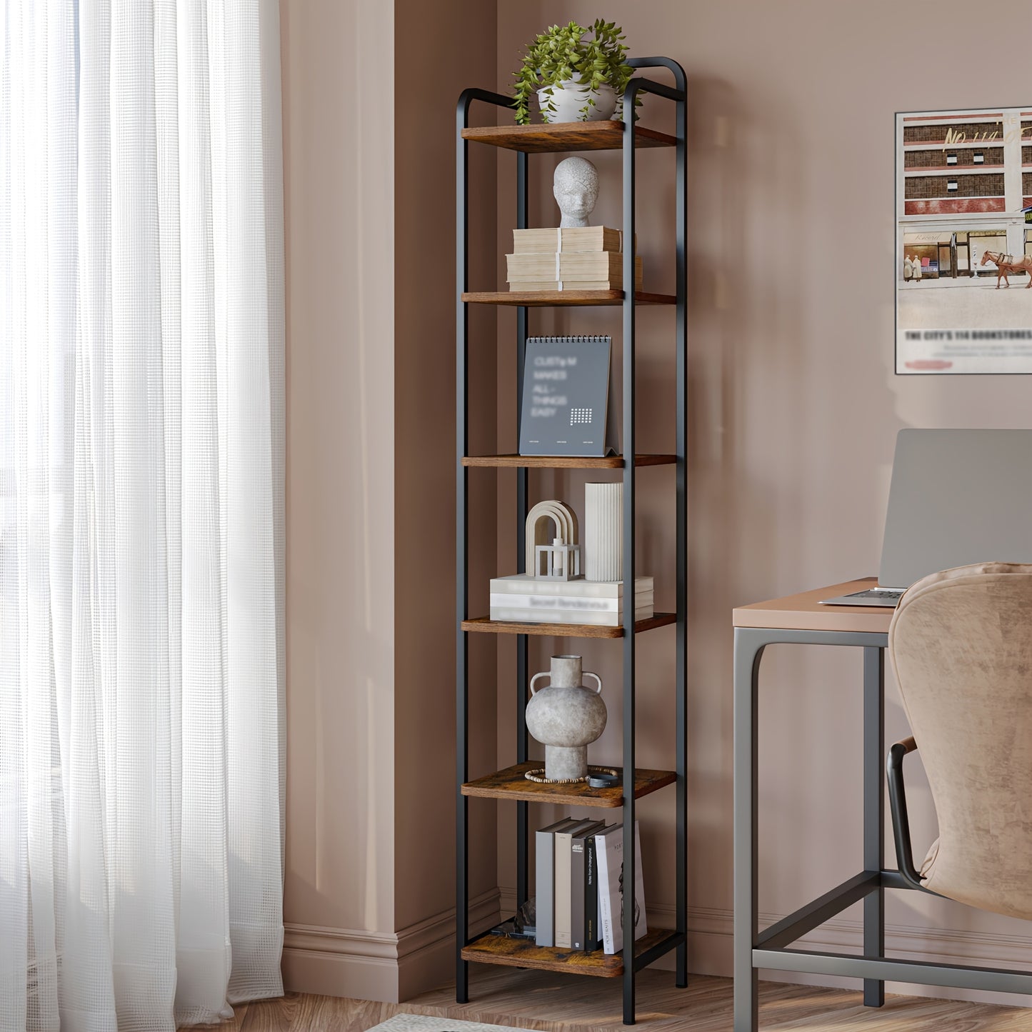 Libreria, Scaffale, Scaffale a Piedi, Libreria Stretta, Scaffale Angolare Industriale, Scaffale Sottile per Ufficio Domestico, Soggiorno, Camera da Letto, Cucina, 6 Ripiani Vintage Marrone-Nero