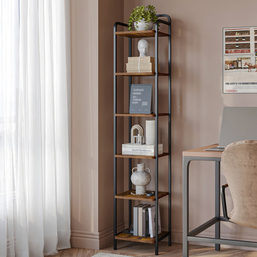 Libreria, Scaffale, Scaffale a Piedi, Libreria Stretta, Scaffale Angolare Industriale, Scaffale Sottile per Ufficio Domestico, Soggiorno, Camera da Letto, Cucina, 6 Ripiani Vintage Marrone-Nero