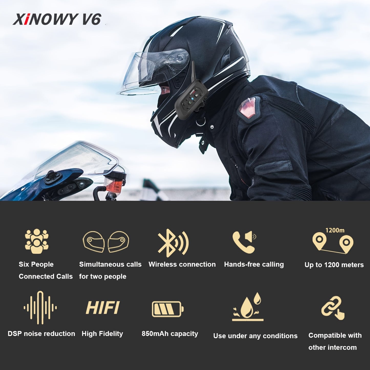 XINOWY V6 Interfono Moto 1/2 pezzi 3.5Mm Casco Wireless Auricolare Interfono per 6 Motociclisti 1200M Conversazione 850Mah DPS Riduzione del Rumore Mani Libere Stereo Musica Adatto a Tutti i Tipi di Caschi